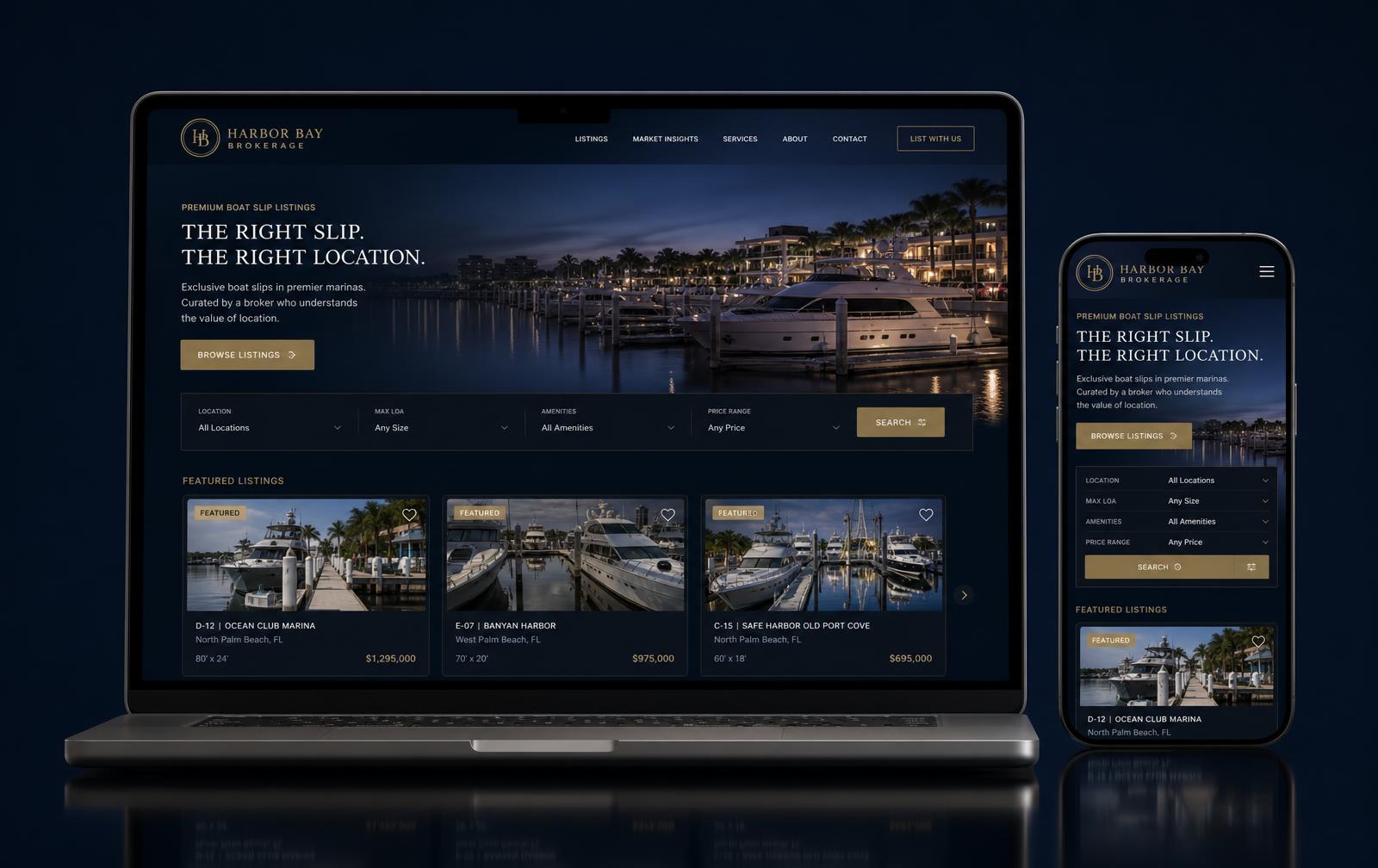A broker's own logo on a dock listings page shown on a laptop and phone